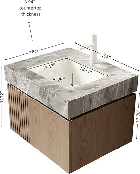 24 Floating Bathroom Vanity with Sink, Wall-Mounted Cabinet with Doors, Gray Travertine Sintered Stone Top, Undermount Basin, Single Hole Faucet, Soft-Close, Pre-Assembled, Light Brown