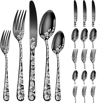 Vilihkc 20 piece Unique Pattern Design Silverware Set, Stainless Steel Flatware Set Service for 4, black Cutlery Set, Mirror Polished Utensil Set for Kitchen, Dishwasher Safe
