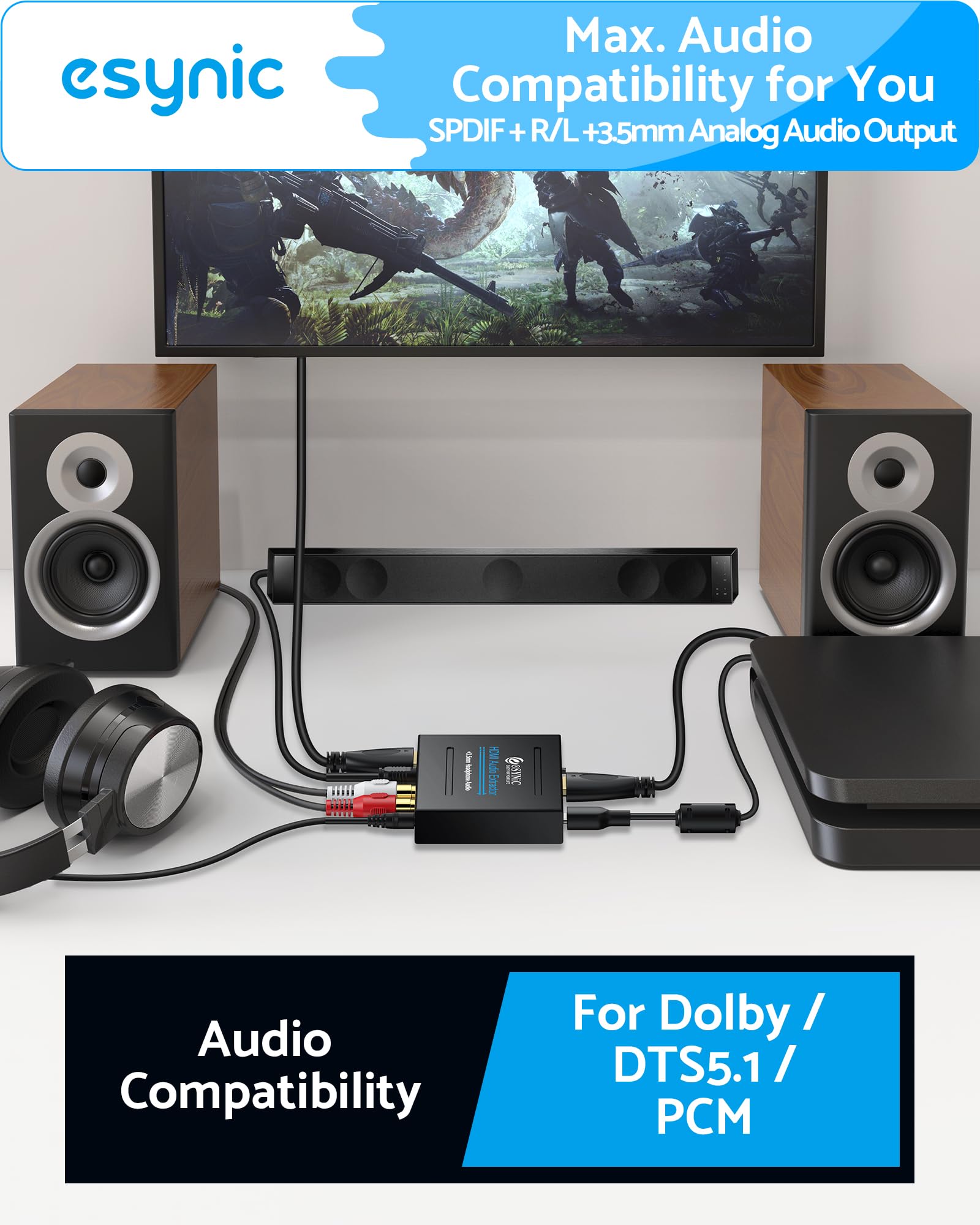 eSynic Profesjonalny ekstraktor HDMI audio, adapter optyczny 4K HDMI, rozdzielacz audio z SPDIF, L/R i wyjściem 3,5 mm do PCM2.0, Dolby, DTS5.1