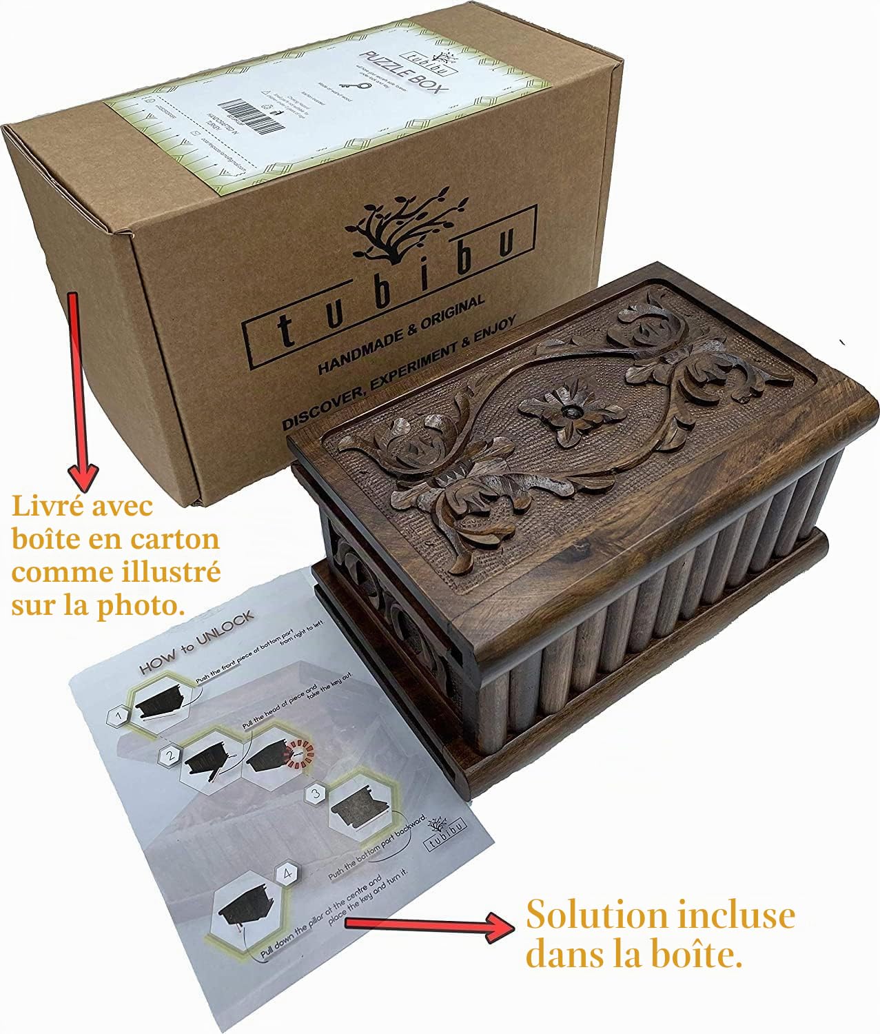 Boîte à Bijoux Secrète en Noyer en Bois Massif - Boîte Magique à Compartiment Secret avec Clé Cachée Fabriquée à la Main