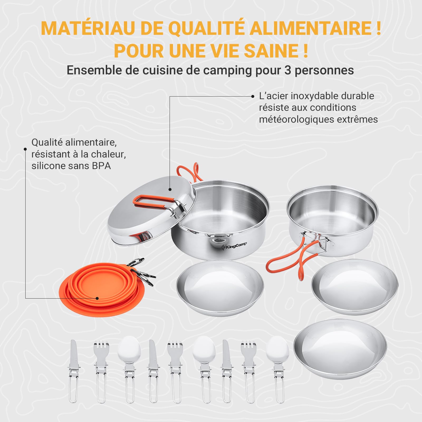 KingCamp Set de Cuisine de Camping, ustensiles de Camping ultralégers en INOX, Vaisselle Pliante pour Le Camping, idéale pour la randonnée, Les Pique-niques et la pêche