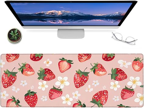 Strawberry and Floral Gaming Mouse Pad 12x31.5in Non-Slip Rubber Desk Mat with Cute Fruit Design Large Extended Mousepad for Office Home Deskmat Gifts for Food and Kawaii Lovers Decor