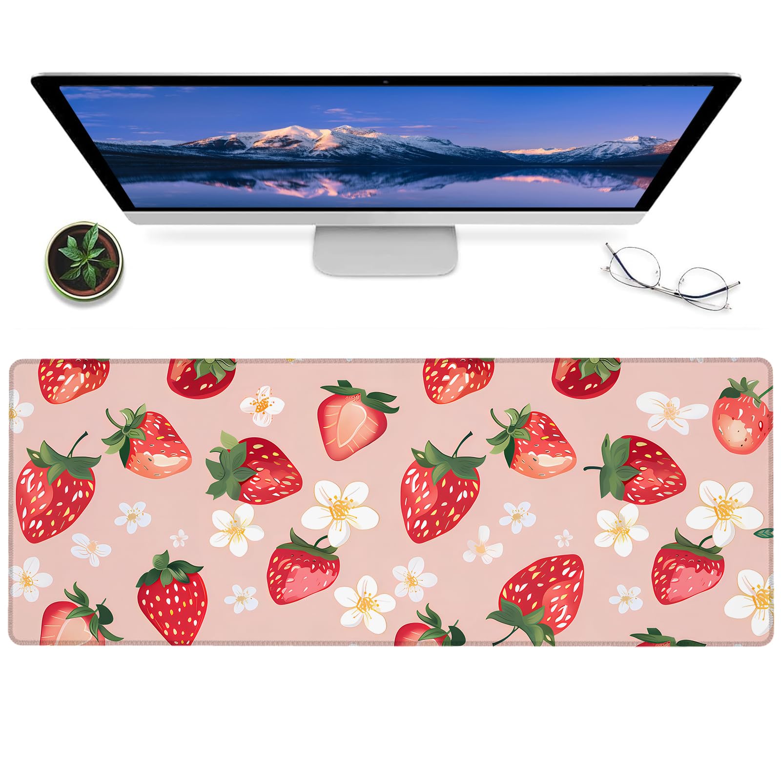 ainori Strawberry and Floral Gaming Mouse Pad – 12x31.5in Non-Slip Rubber Desk Mat with Cute Fruit Design – Large Extended Mousepad for Office Home –