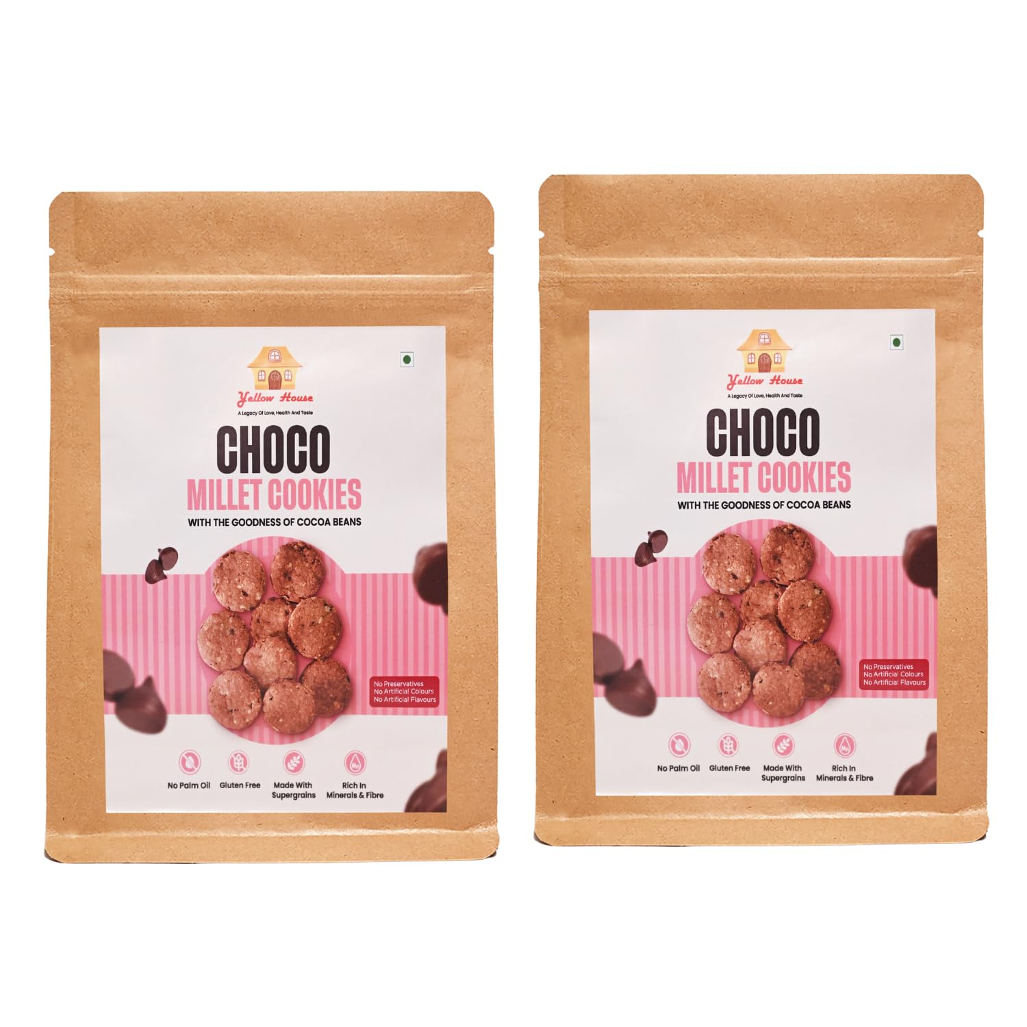 yellow house choco millet cookies - healthy, crunchy, and delicious snack, 130g pack of 2
