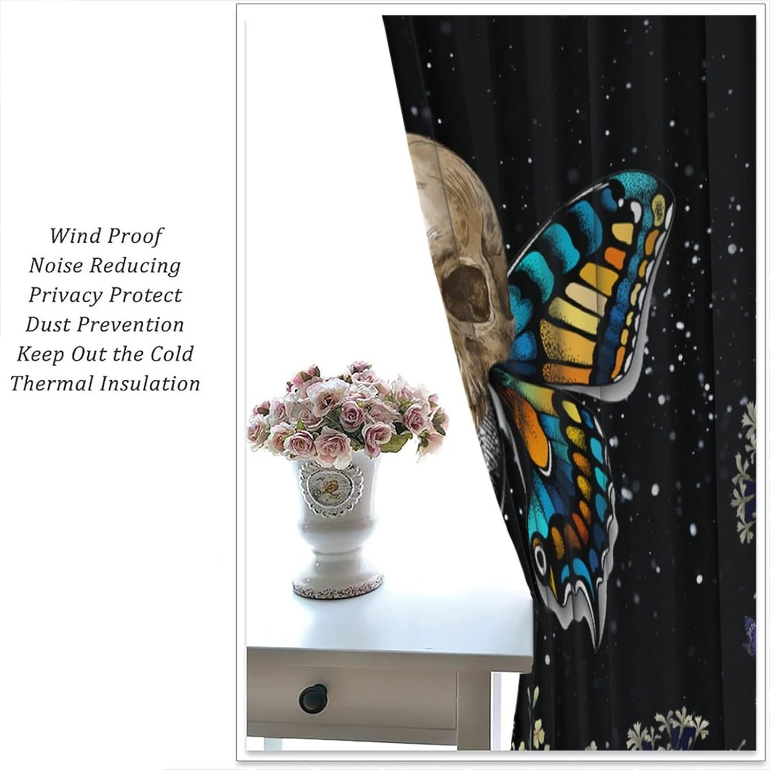 Skull Moth Window Curtains, Galaxy Moon Stars Window Drapes Vintage Boho Flower Butterfly Blackout Rod Pocket Windows Treatments for Bedroom Living Room 55x63in