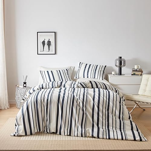 Miniatura 2 de YuHeGuoJi Juego de funda de edredón a rayas negras, tamaño Queen, 100% algodón, color blanco neutro, juego de 3 piezas, 1 funda de edredón
