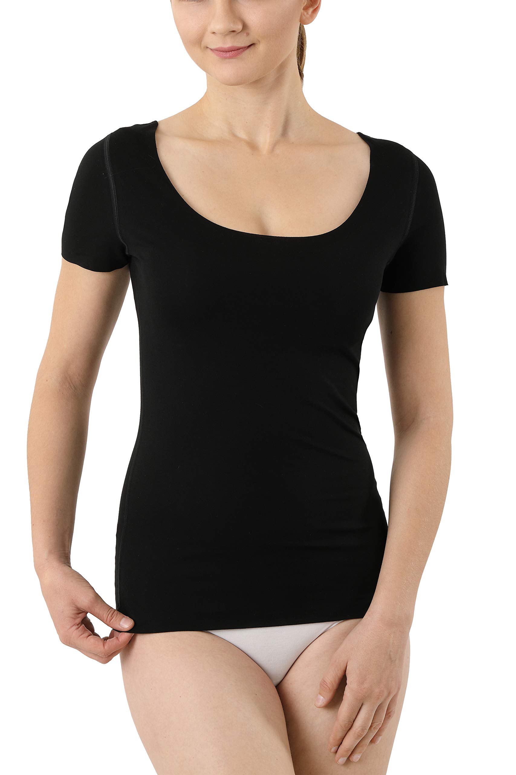 ALBERT KREUZ Damen Lasercut nahtlos Clean Cut Unterhemd Kurzarm mit tiefem Rundausschnitt aus Baumwolle Elastan schwarz
