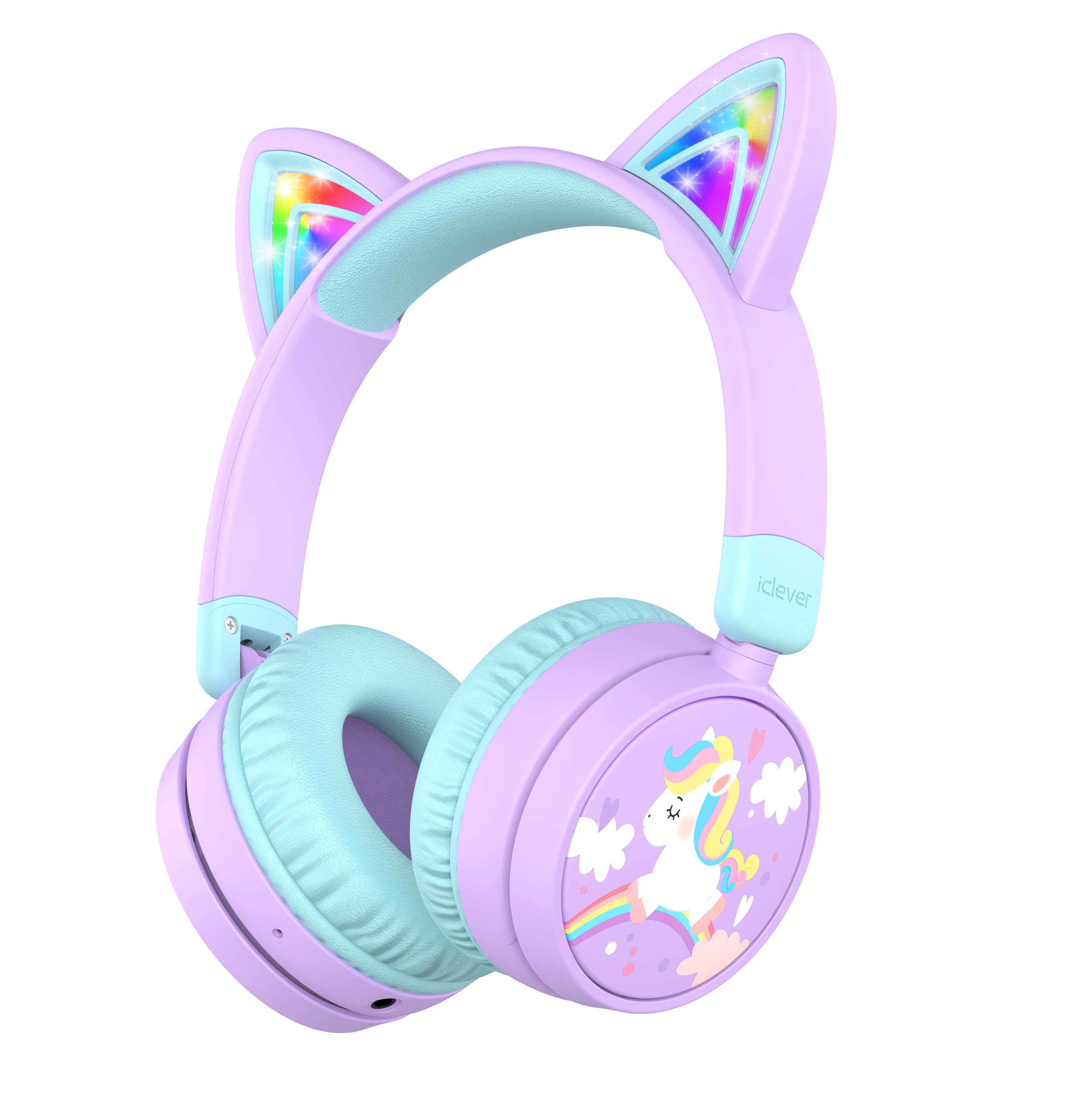 iClever Kids Bluetooth Headphones,Light Up Cat Ear,Safe Volume 74/85dBA,60H Playtime,Bluetooth 5.3,USB C Charging,Wireless Kids Headphones AUX Cord for iPad Travel,Meow Cookies (Purple/Green)