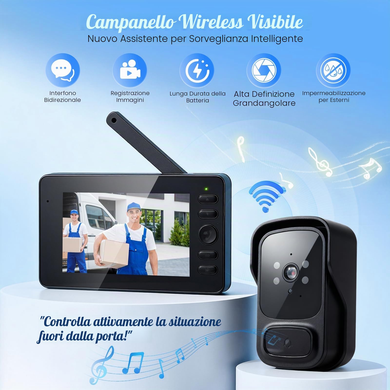 Campanello wireless con fotocamera, impermeabile IP65 per esterni, schermo HD 1080P da 4,3 pollici, videocitofono wireless 2,4G, audio bidirezionale, visione notturna, resistente alle intemperie