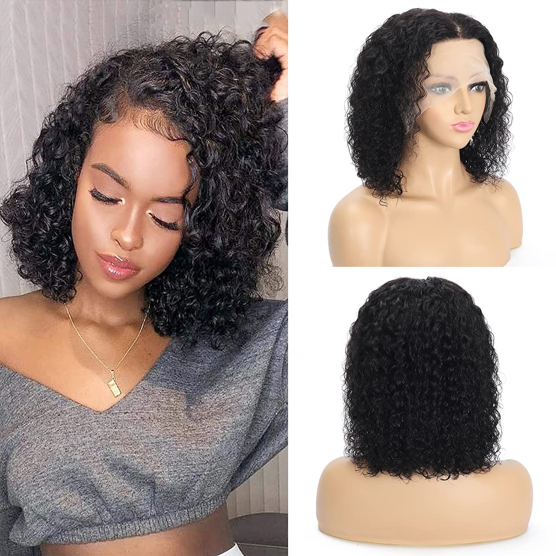 Peapine Short Bob Lace Front Wigs Human Hair for Black Women Water Wave Bob Human Hair Lace Front Wigs 13x4x4 Bob Water Wave Lace Closure Wigs Pre Plucked Natural Color 10 inch