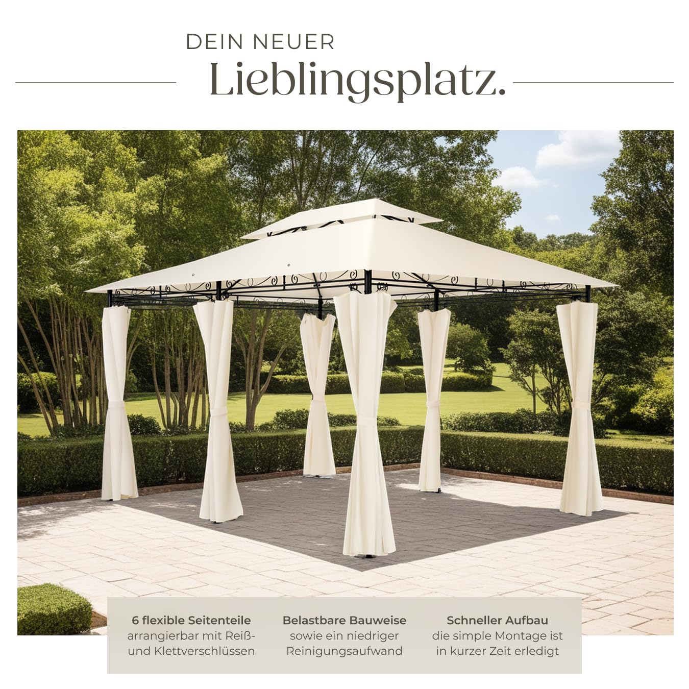 tectake® Luxus Pavillon 3x4, Gartenpavillon mit 6 Seitenteilen, wasserabweisend und UV-beständig, abgesetztes Dach, Pavillon inkl. Spannseile und Heringe, Partyzelt für Garten und Terrasse - Creme