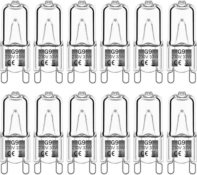 12Pack G9 Halogen Bulbs 33W 230V 2800K Warm White 380lm,Clear Capsule Halogen Lamps Dimmable, No Strobe, No Flicker