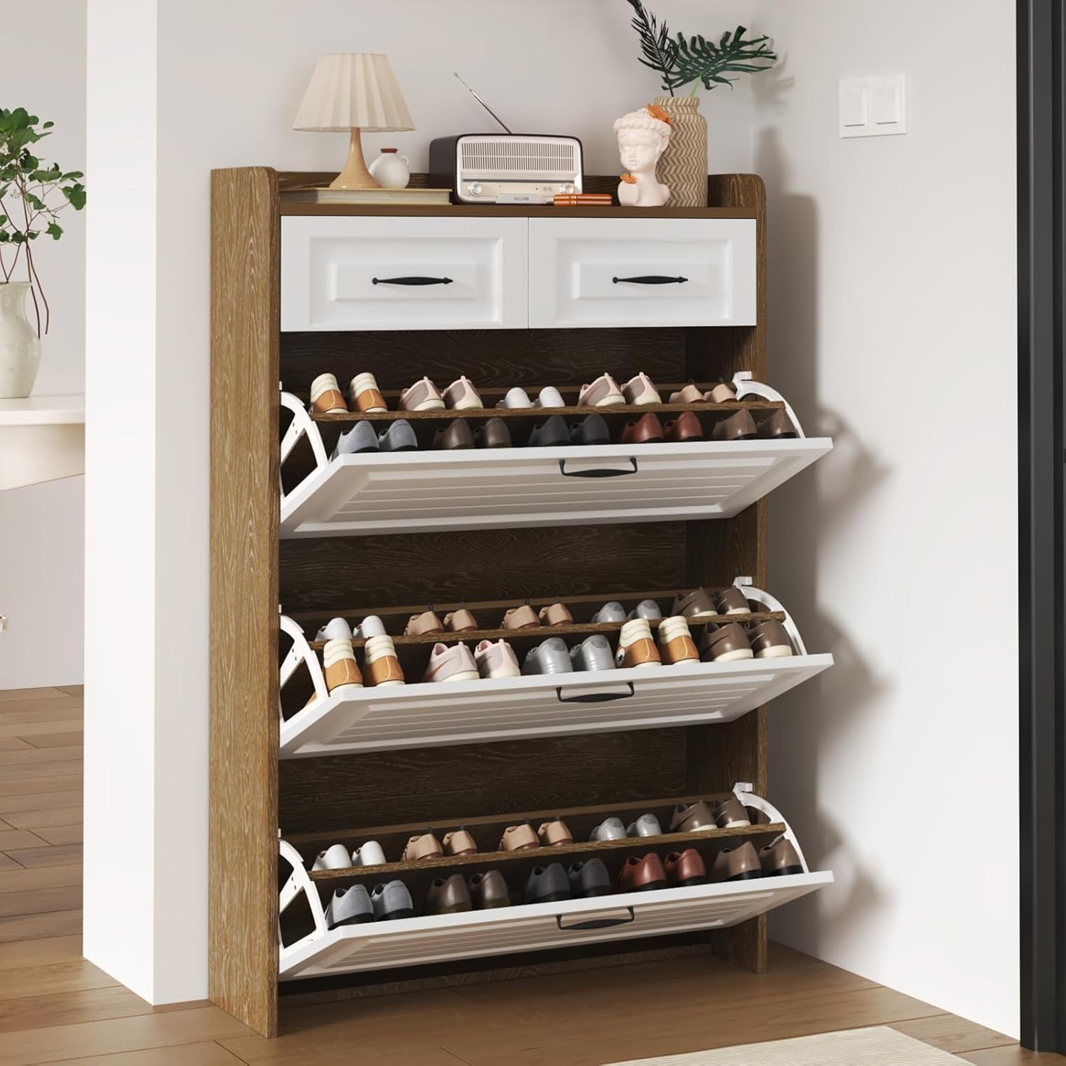 Narrow Shoe Cabinet with 2 Slide Drawers & 3 Flip Drawers, Modern Freestanding Shoes Rack Storage Organizer with Open Top for Entryway, Hallway, Bedroom, Mudroom (Brown)