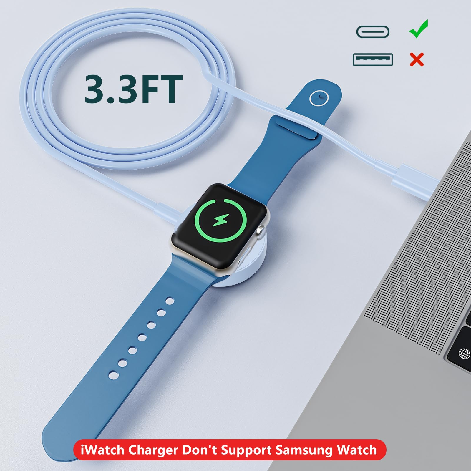 Confezione da 2 cavi di ricarica USB C per Apple Watch, certificato MFi, cavo di ricarica per iWatch da 0,9 m, compatibile con iWatch serie 10/SE 2/SE/9/8/7/6/5/4/3/2/1, blu