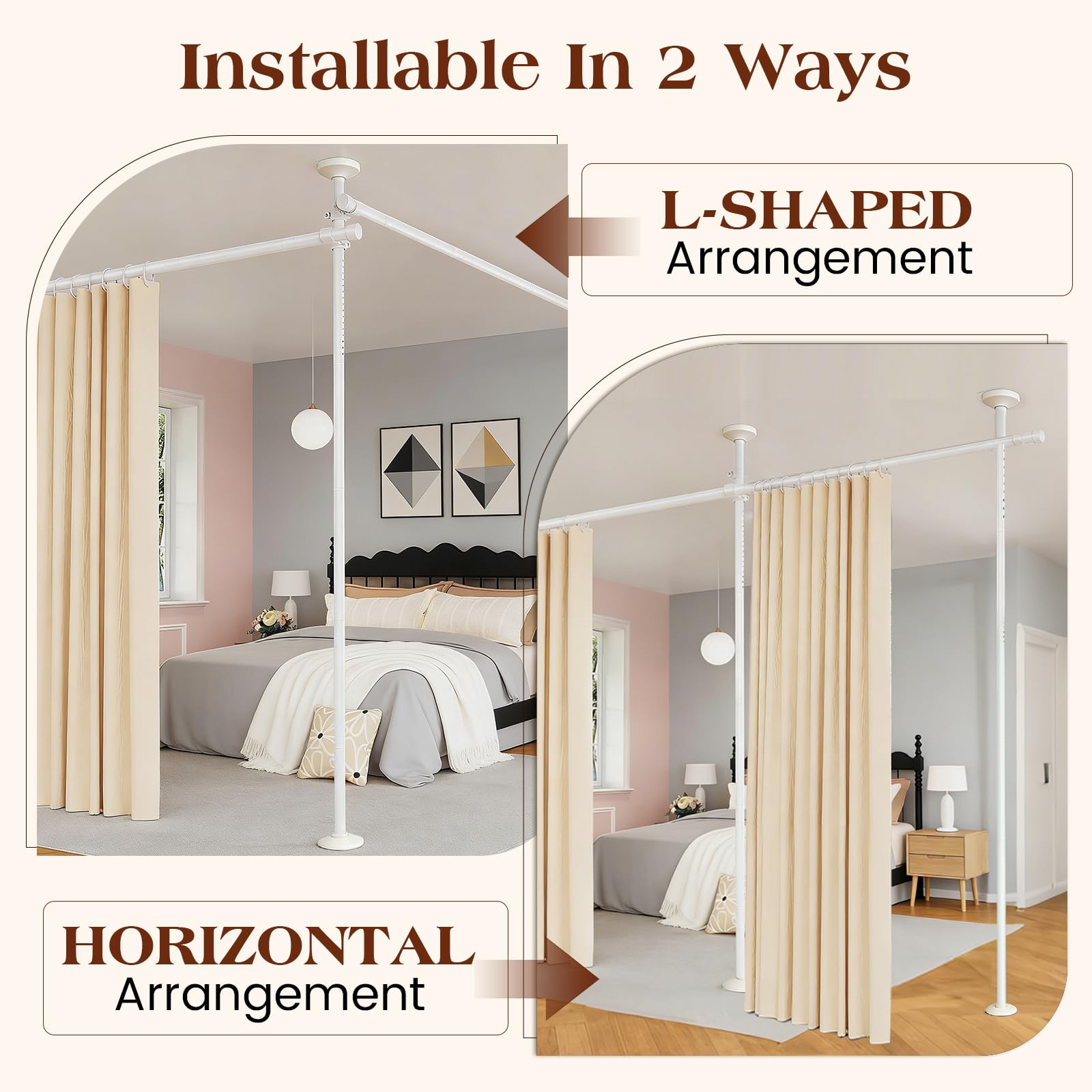 Bastone Per Tenda Divisoria,122-305 Cm (A) X 71-178 Cm (L),Facile Da Installare,Regolazione Flessibile, Divisorio Senza Fori Per Soggiorno,Camera Da Letto,Immobile In Affitto