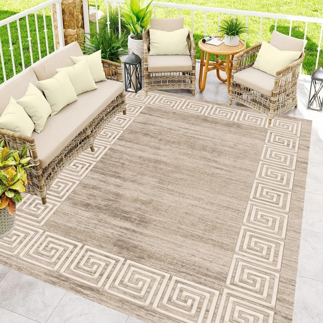 Tan Beige Greek Key Frame Border 2x3 Distressed Rough Thin Waterproof Outdoor Rugs for Patios Balcony Deck Porch Pool Garden Backyard Hallway Non Skid Quick Dry Washable Reversible Carpets