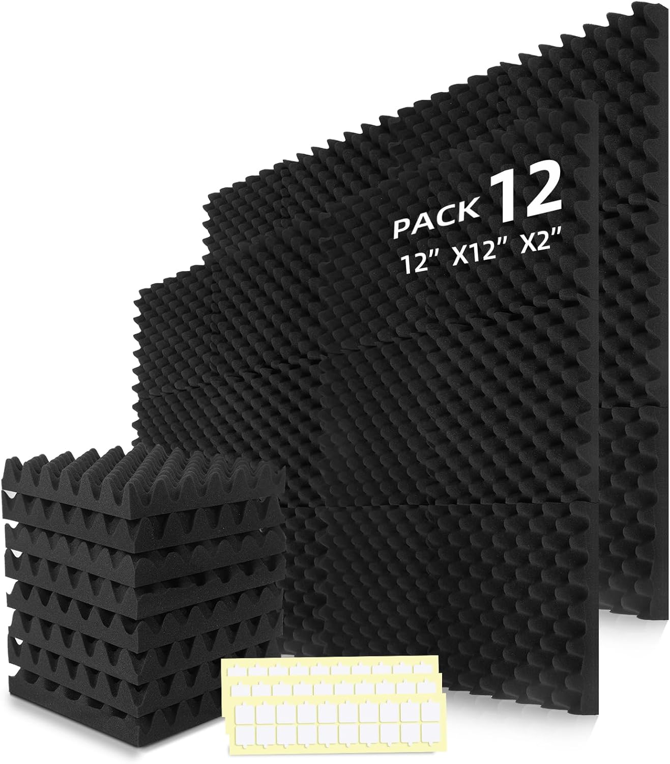 12 Pack Acoustic Panels Foam for Walls, 2"x12"x12" Sound Absorbing Panels, High Density Fire Resistant Soundproof Panels for Studio Recording (Black-12 Pack, 12"x12"x2")