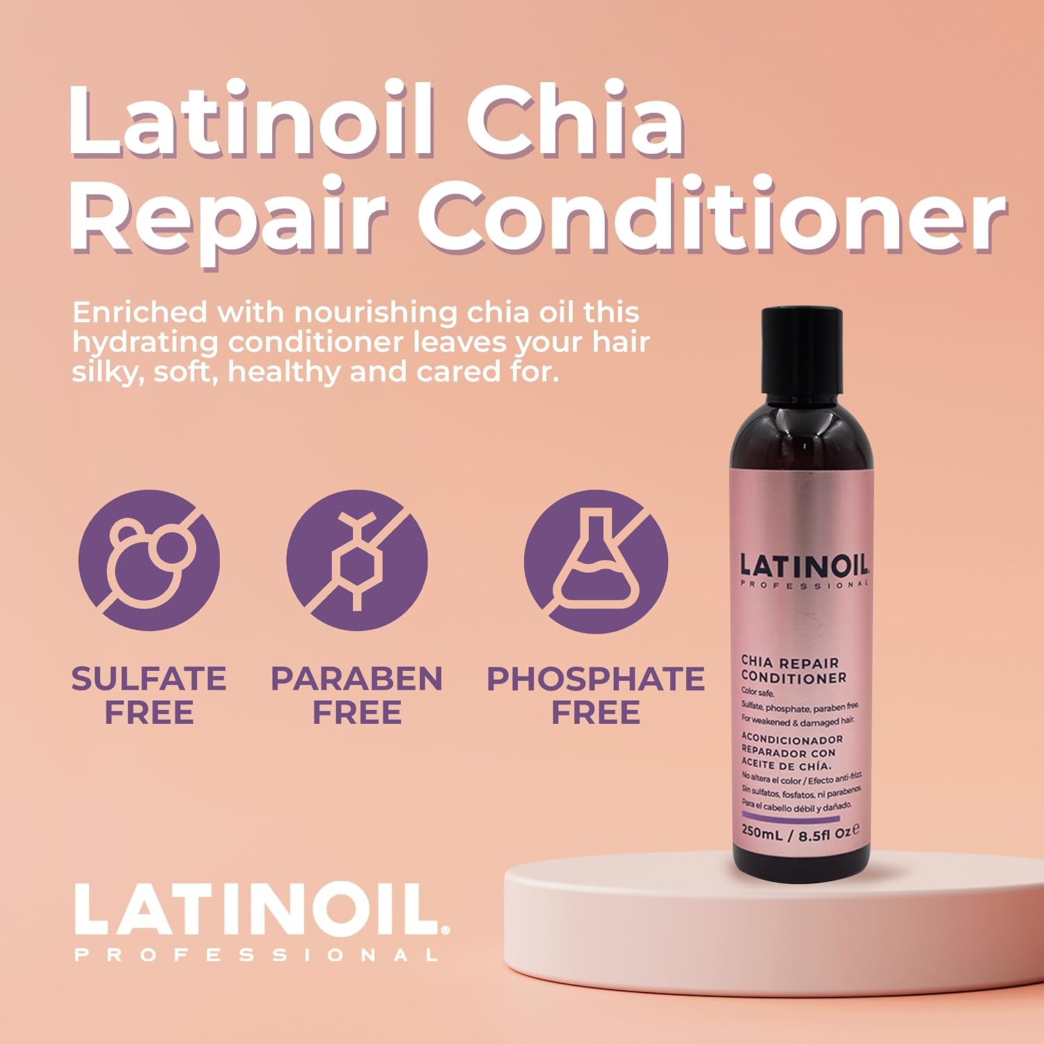 LATINOIL Chia Hair Repair Conditioner Paraben & Sulfate Free - Natural Treatment with Keratin for Damaged, Color Treated, Textured, Bleached, Fine, Dry, Oily, Curly, Gray Hair Locs Wash - 8.4 Oz