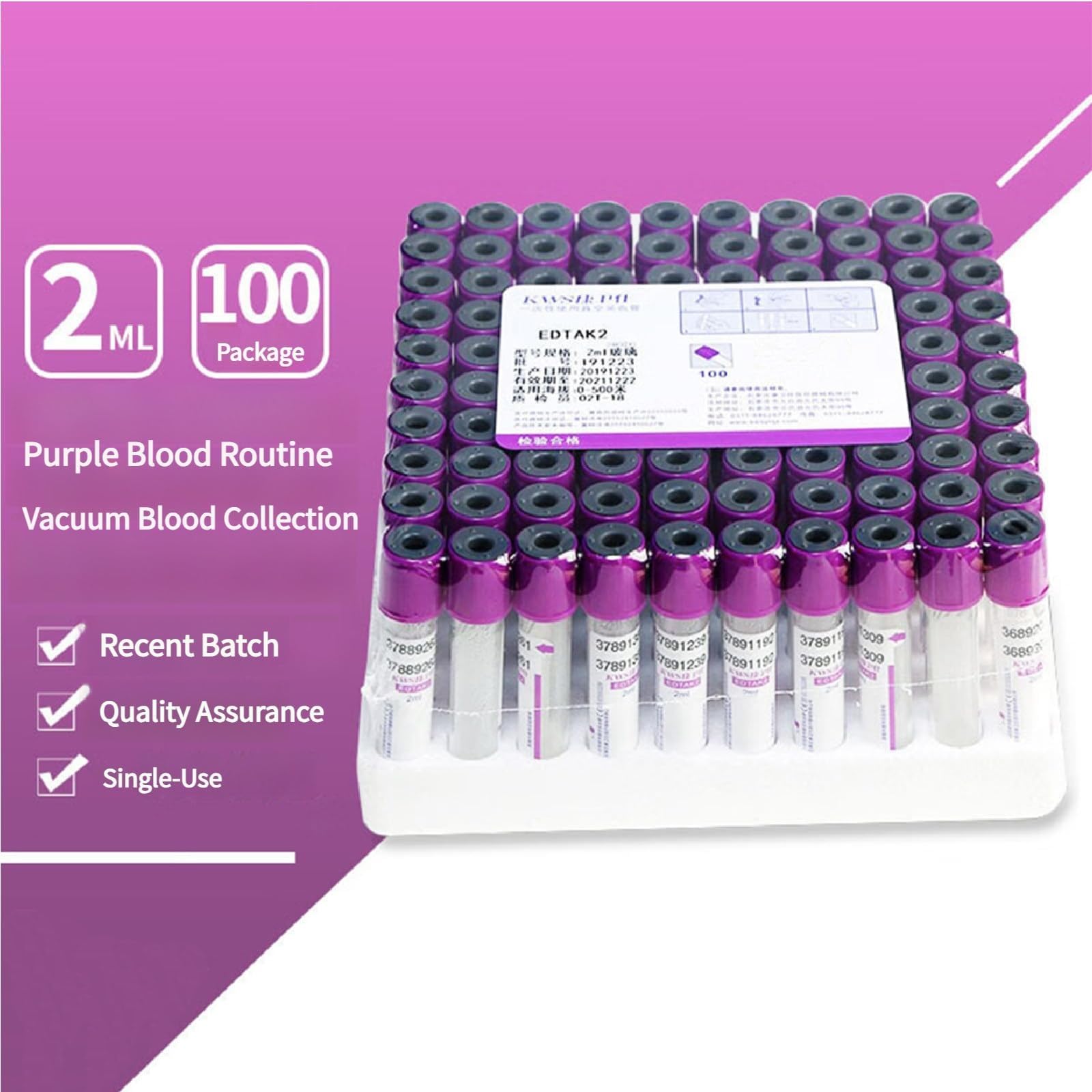 Tubos De Recolección De Sangre De 2/5/10ML, 100 Uds. Tubos De Ensayo Al Vacío De Vidrio Y Plástico PET Con Tapa Morada For Uso En Centrífuga De Laboratorio(10ml)