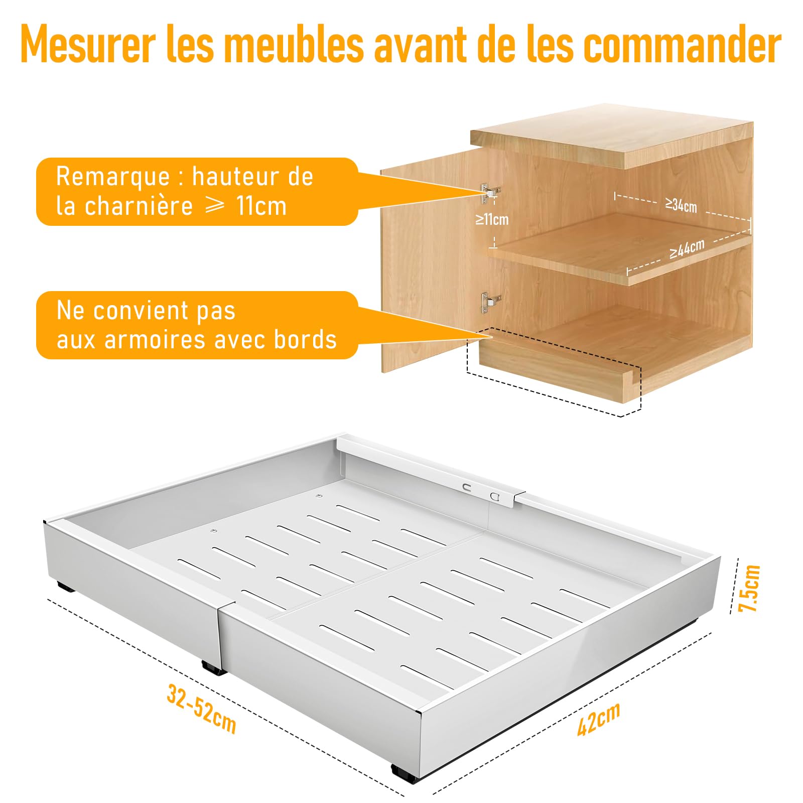 ICARE Tiroir télescopique, largeur réglable de 32 à 52 cm, en acier au carbone, organiseur de tiroir, pour armoire de cuisine, coulissant, extensible, blanc