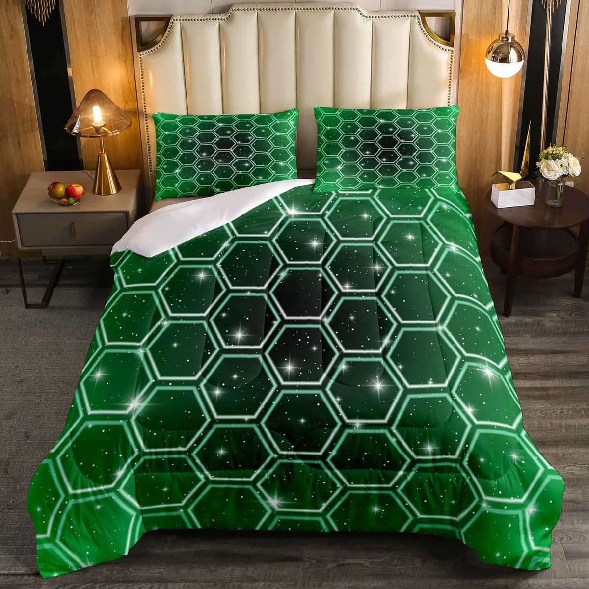 Loussiesd Green Geometric Bedding Set for Girls Boys Children Honeycomb Hexagonal Duvet Insert Beehive Geometrical Galaxy Starry Single Size 2Pcs Warm Quilt