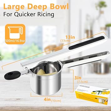 KAYCROWN Potato Ricer With 4 Discs, Heavy Duty Stainless Steel Potato Masher and Ricer for Mashed Potatoes Tool, Spaetzle Maker Lemon Squeezer