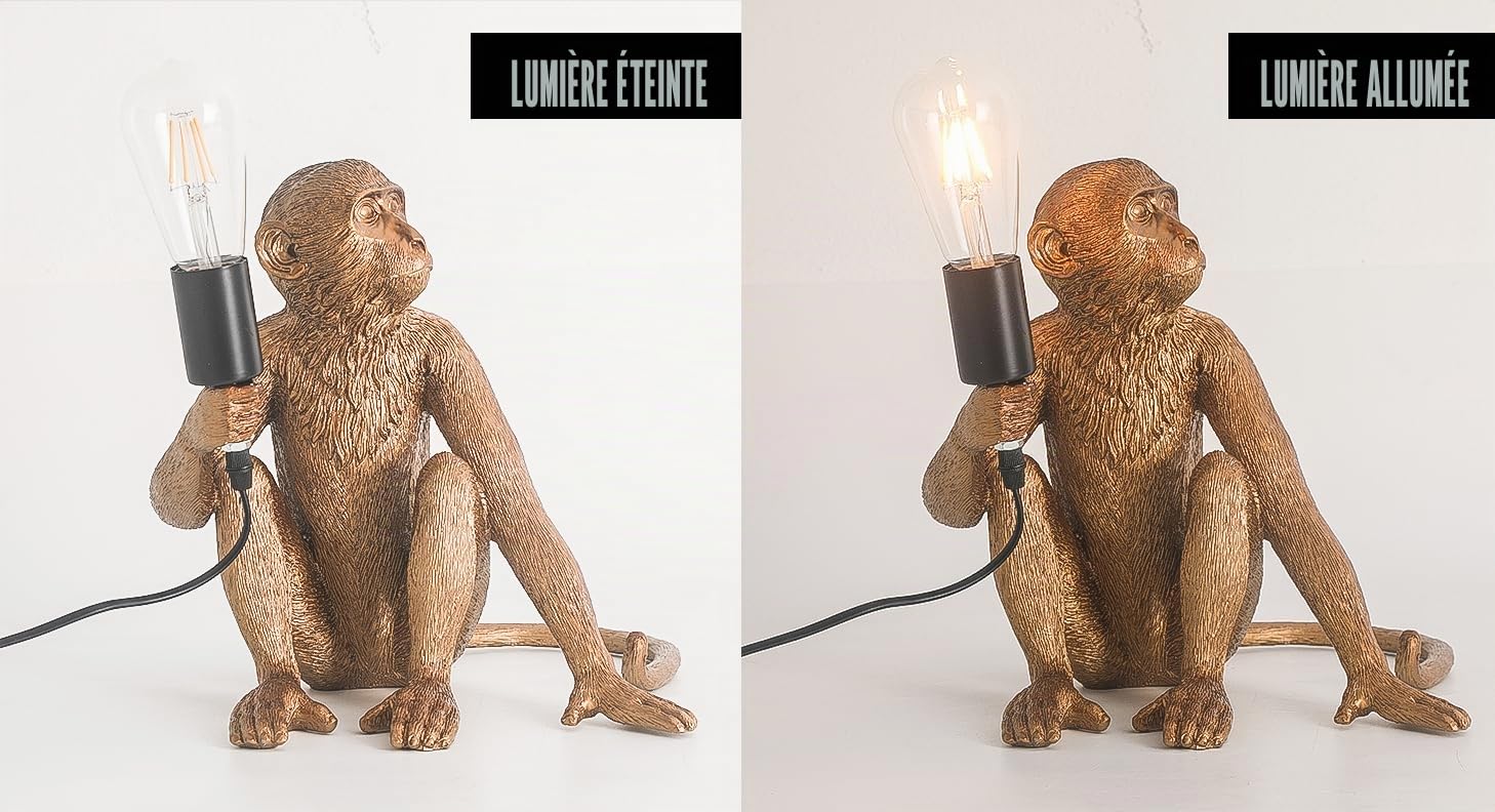 Lampe de table en forme de singe design résine lampe de table avec interrupteur à bouton-poussoir pour chambre à coucher, salon (or)