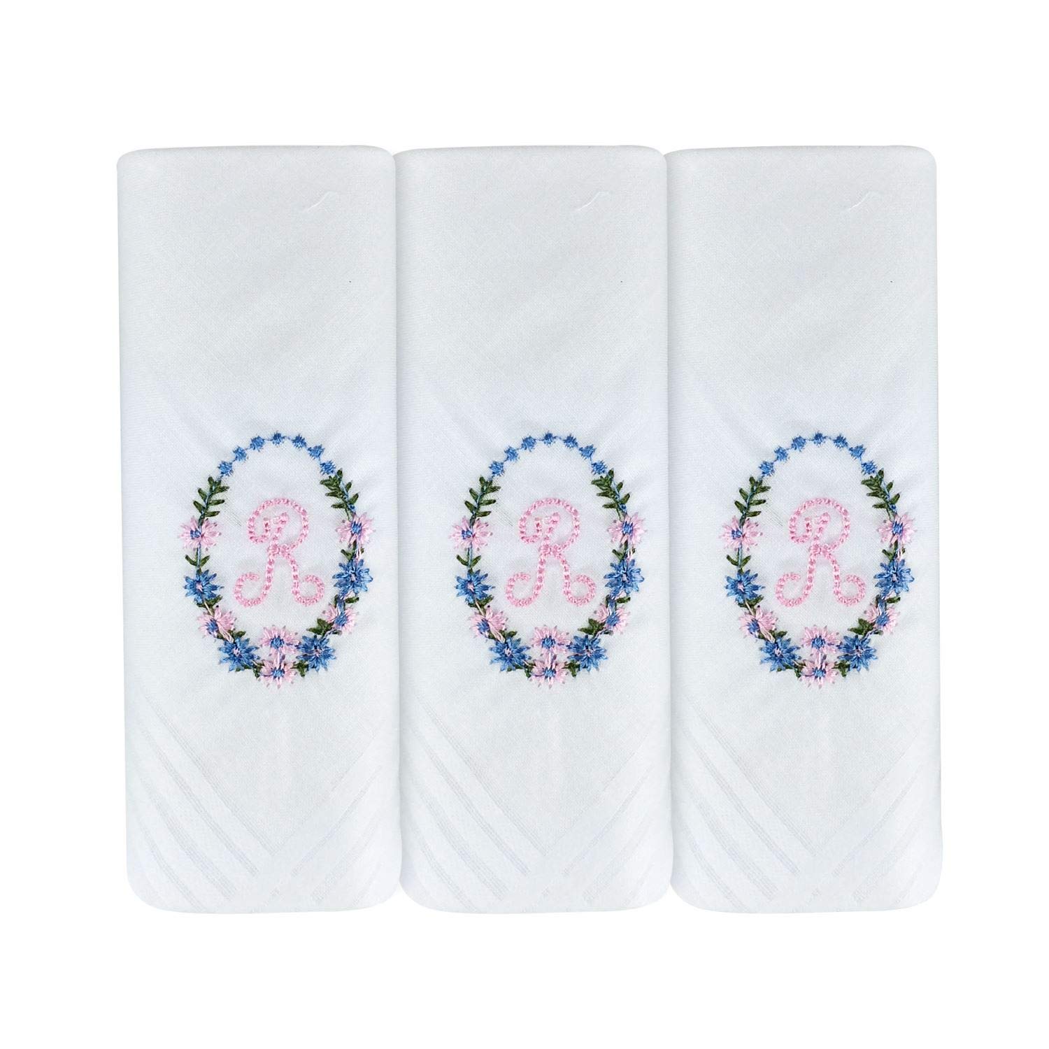 Surf the Shop 3 Pack Of Womens/Ladies Embroidered Initial Handkerchiefs With White Satin Border Various Initials (R)