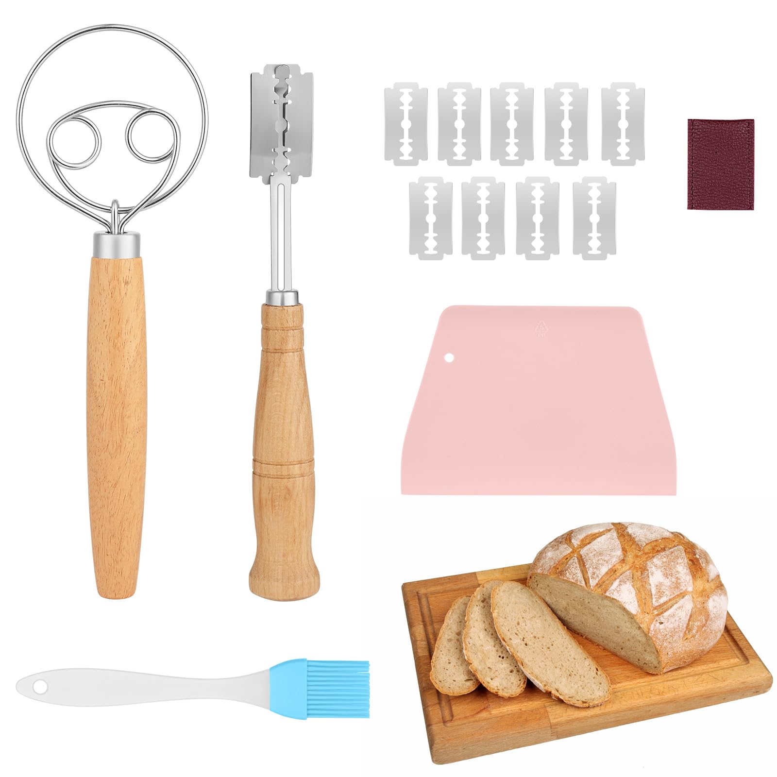 OSDUE Cuchilla Panadero, 4 Piezas Batidor Danés, Cuchilla Panadero Greñar Pan con 10 Hojas & Funda Protectora, Espátula para Masa y Cepillo Hornear, Ideal para Baguettes Masa Pan Casero y Repostería
