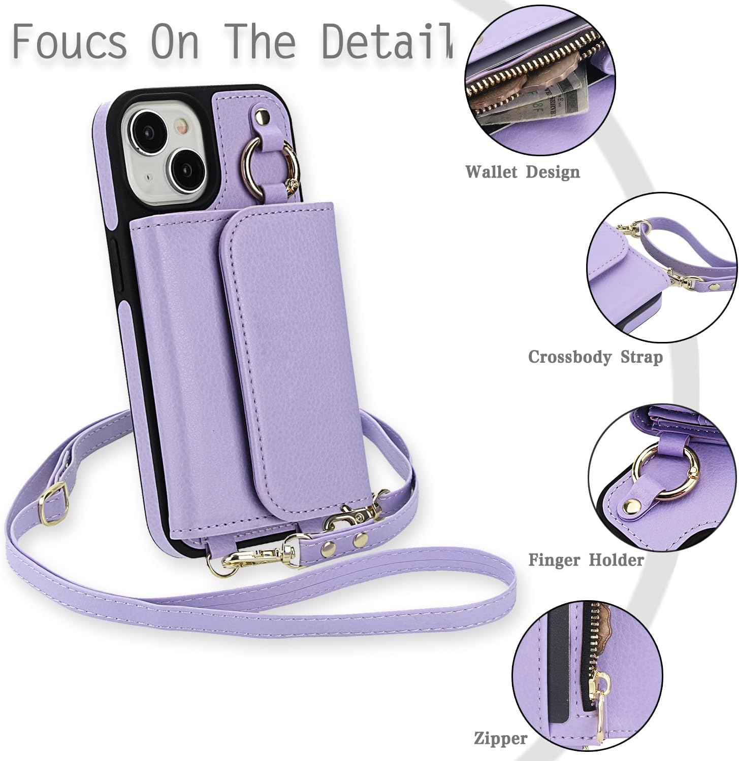 Phone Case for iPhone 13/14 6.1 inch Wallet Magnetic Detachable Cover and Screen Protector Compatible with MagSafe Crossbody Lanyard Strap RFID Blocking Flip iPhone13 iPhone14 Women Men Purple