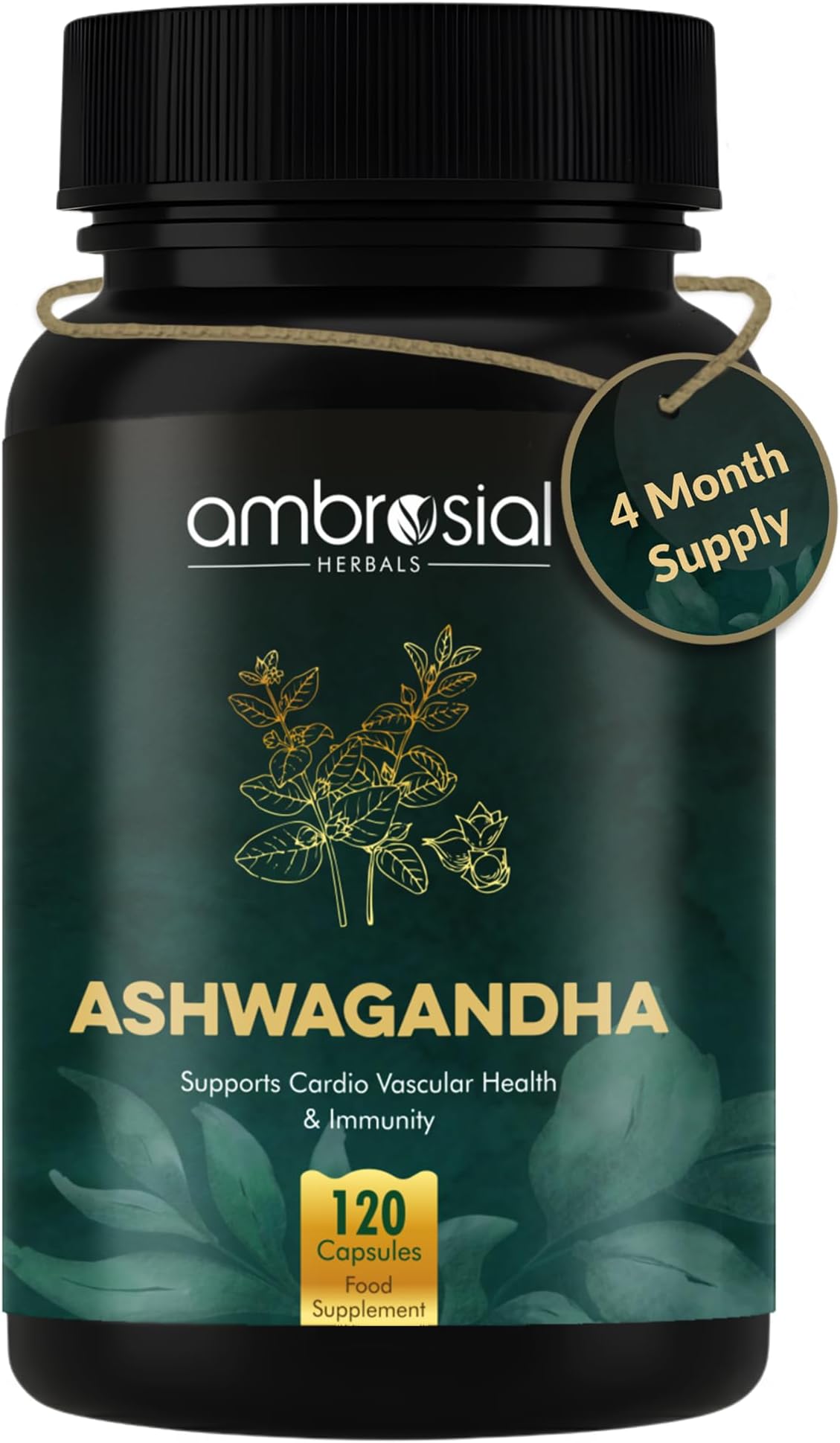 Ambrosial Ashwagandha Capsules 500mg per Capsule | High Strength Ashwagandha Root Powder| Herbal Supplement with Immunity Support | Non-GMO & Gluten Free (Pack of 1-120 Capsules)