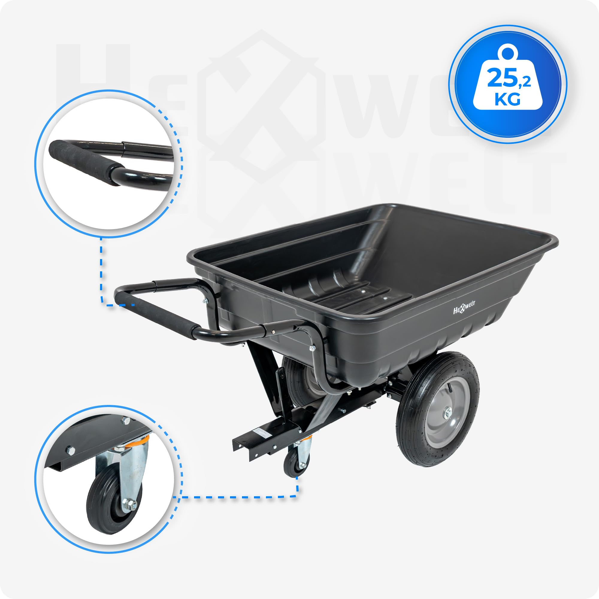 Anhänger für Rasentraktor und Quad 200 kg, Gartenanhänger mit ABS-Wanne 200 L, Transportanhänger für Holz, Erde, Laub und Gartengeräte, leichte robuste Gartenkarre, 130 x 77 x 65 cm