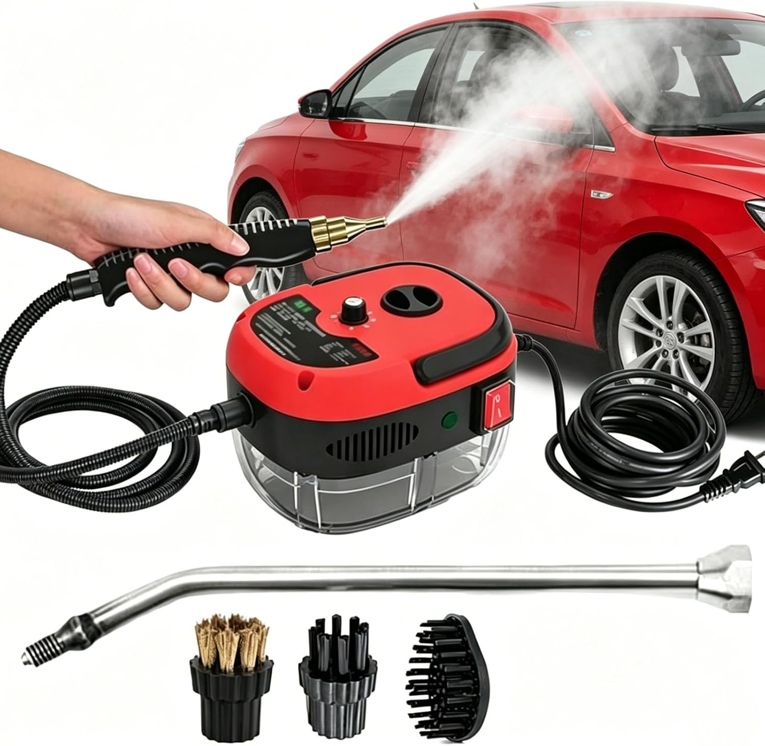 2500w Handheld High-Temperature Pressurized Steam Cleaner for Cars, Handheld Steam Cleaner with 6 Adjustable Levels - Portable Multi-Surface Steam Cleaning Machine for Kitchen,Car (Red)