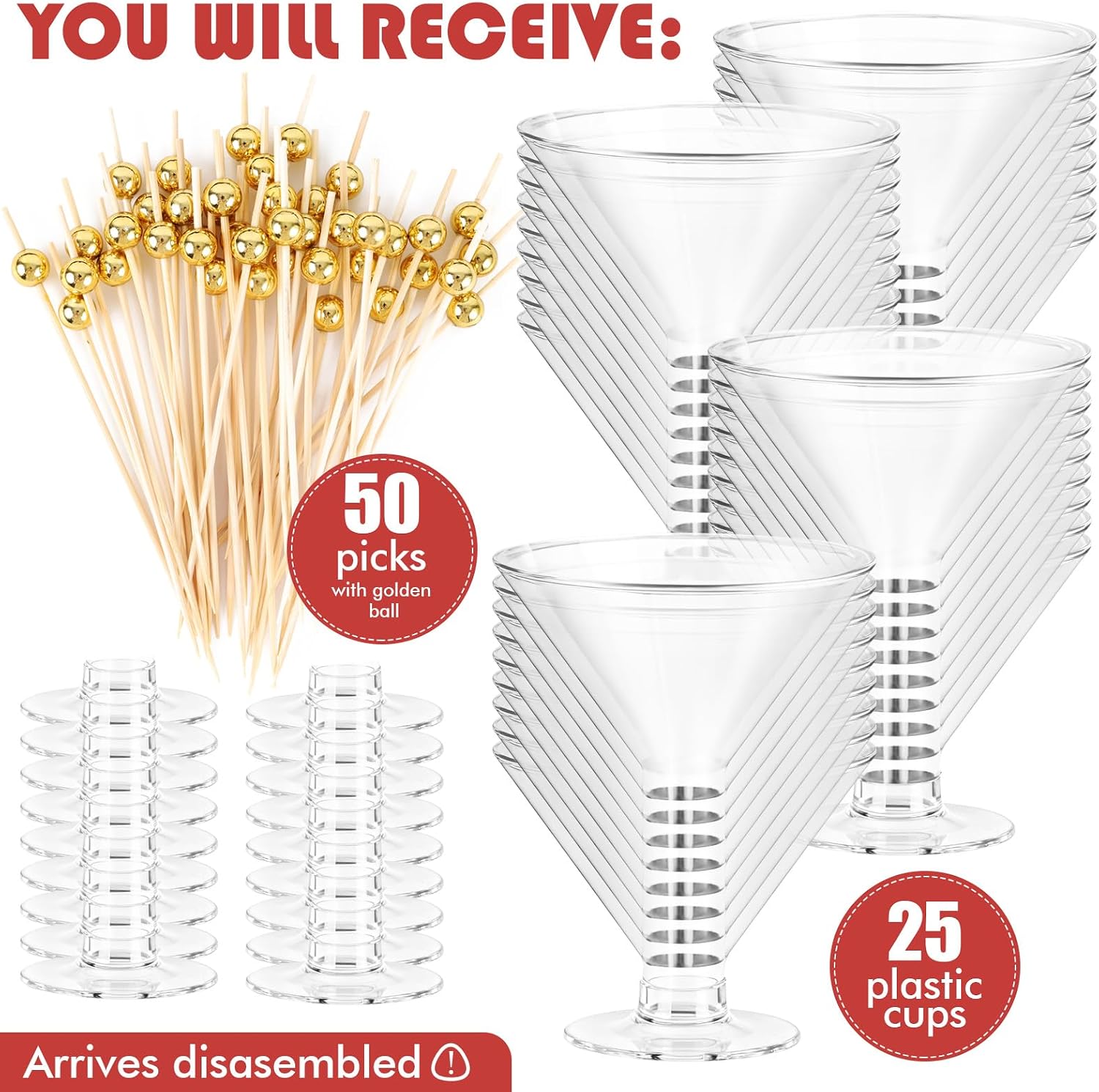 25 PCS Martini Glasses plastic Disposable , Stemless Martini Glasses for Birthday Party , Disposable Cocktail Cups for parties , 5oz Clear Margarita Cups Bulk for Holiday Weddings, Transparent Base