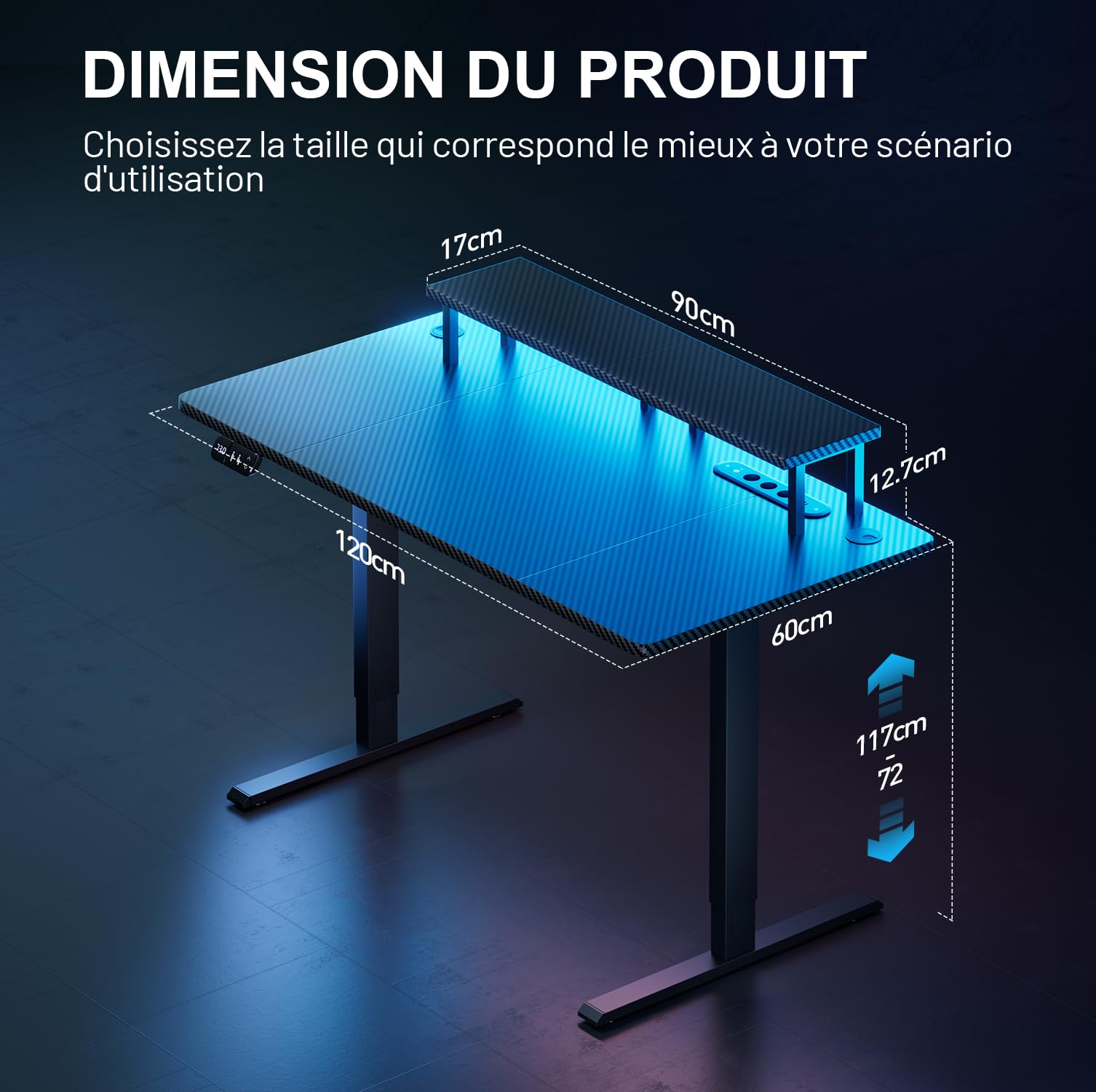 HLFURNIEU LED Bureau Assis Debout Electrique 120 x 60 cm, Bureau Gaming avec Prise Intégrée & Port USB, Table Ordinateur avec Support d'Écran, 2 Contrôle à Fonctions Mémoires, Table Gaming Noir