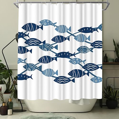 Miniatura 3 de WELMECO Cortina de ducha con diseño de pez, cortina de ducha azul y blanco, decoración de baño, tela de poliéster, 72 x 72 pulgadas