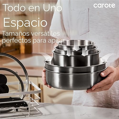 Miniatura 7 de CAROTE Juego de ollas y sartenes, juego de utensilios de cocina de acero inoxidable, mango desmontable, 9 piezas de utensilios de cocina de
