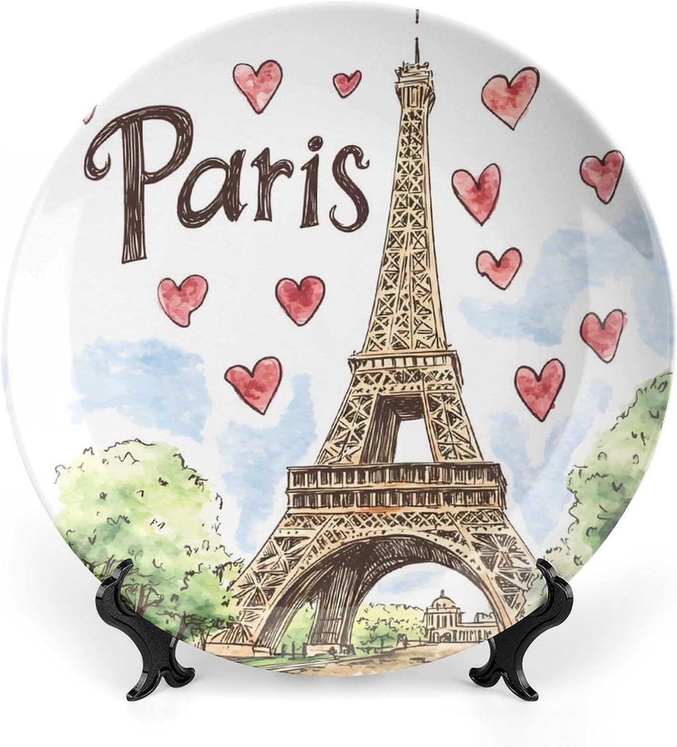 Eiffel Tower Paris Bone China Decorative Plate Ceramic Dinner Plate Art Crafts for Women Men Gifts with Display Stand 7inch