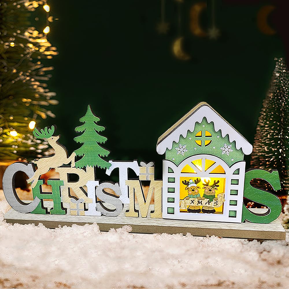 Decoracion Navidad Hogar de Madera, Letras Iluminadas con LED Luces, Adornos Navideños para Casa, Adornos Navidad Interior, Accesorios Navidad Iluminada Luz Letras Decorativas Decoración de Mesa (A)