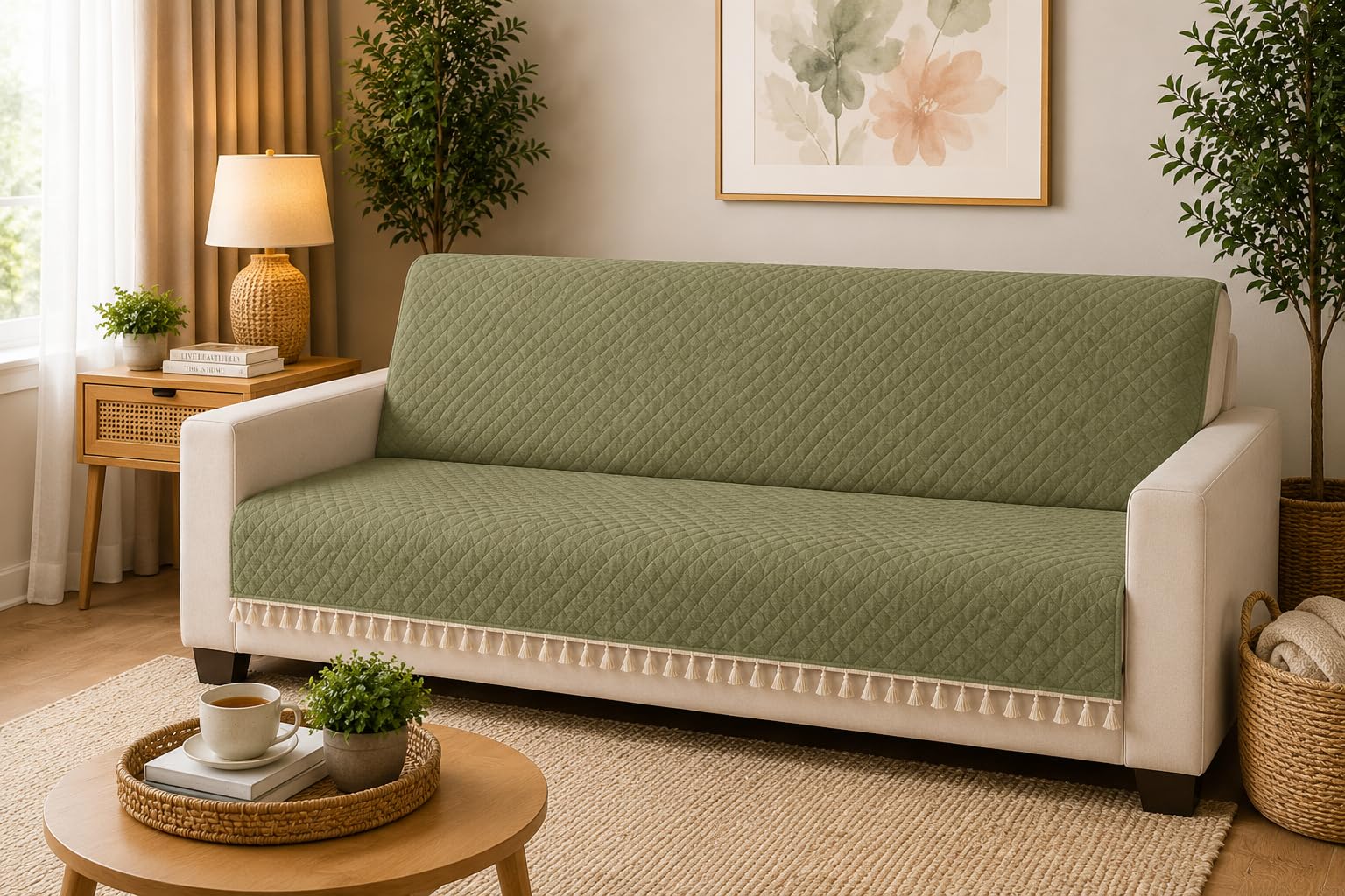 Quilted 3 Seater Velvet Sofa Seat with Backrest Cover with Tassels | Geometric & Solid Color Design | Elegant Sofa Protector for Living Room-Olive Green-image-8
