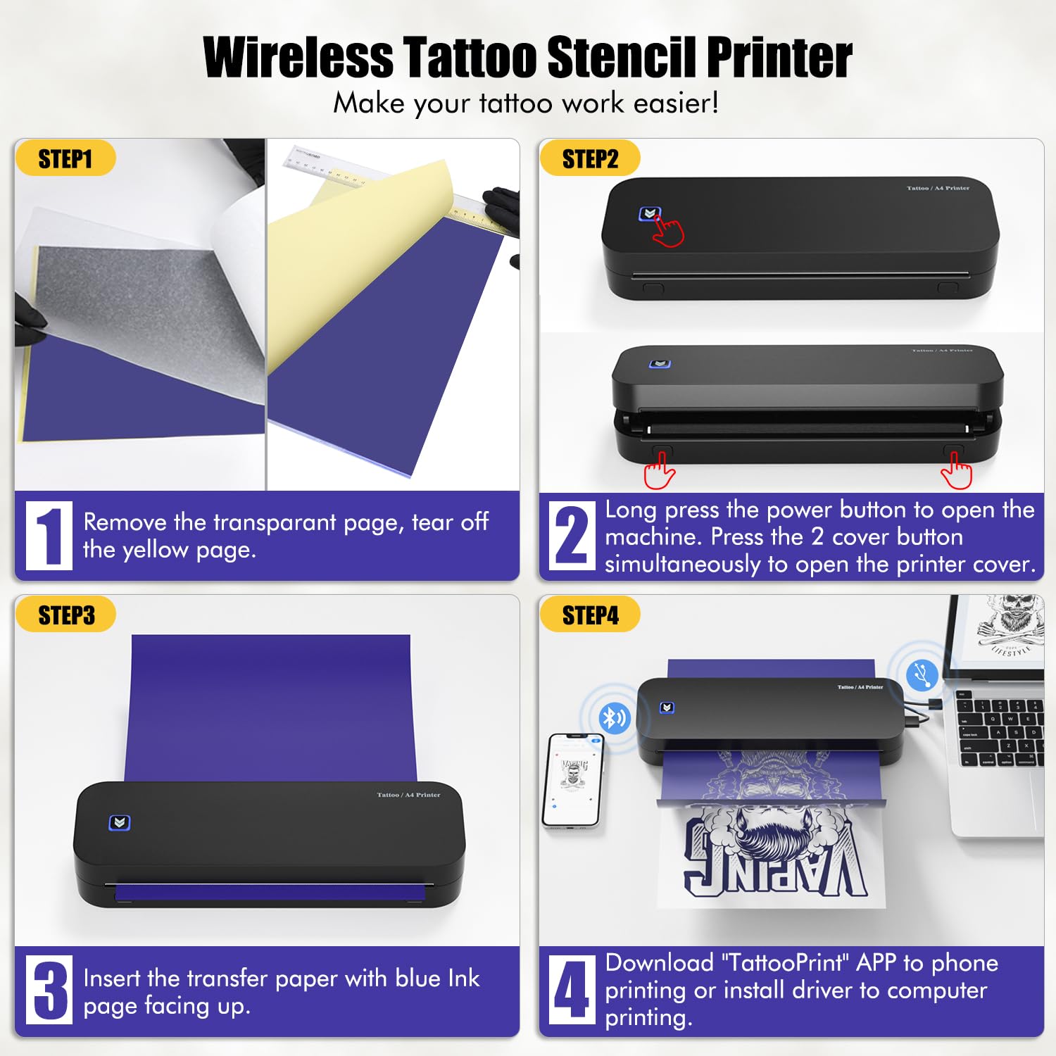 Imprimante Tatouage Thermocopieur Bluetooth A4 Papier Transfert 20pcs Compatible Smartphone PC
