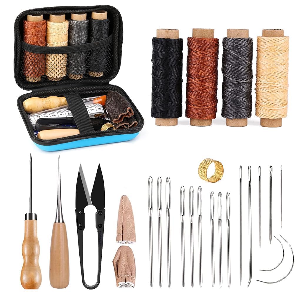 Leather Sewing Repair Kit with Waxed Thread, Needles & Stitching Tools | DIY Leather Craft Hand Sewing Kit with Storage Case for Sofa, Shoes, Bags & Upholstery Repair-image-2