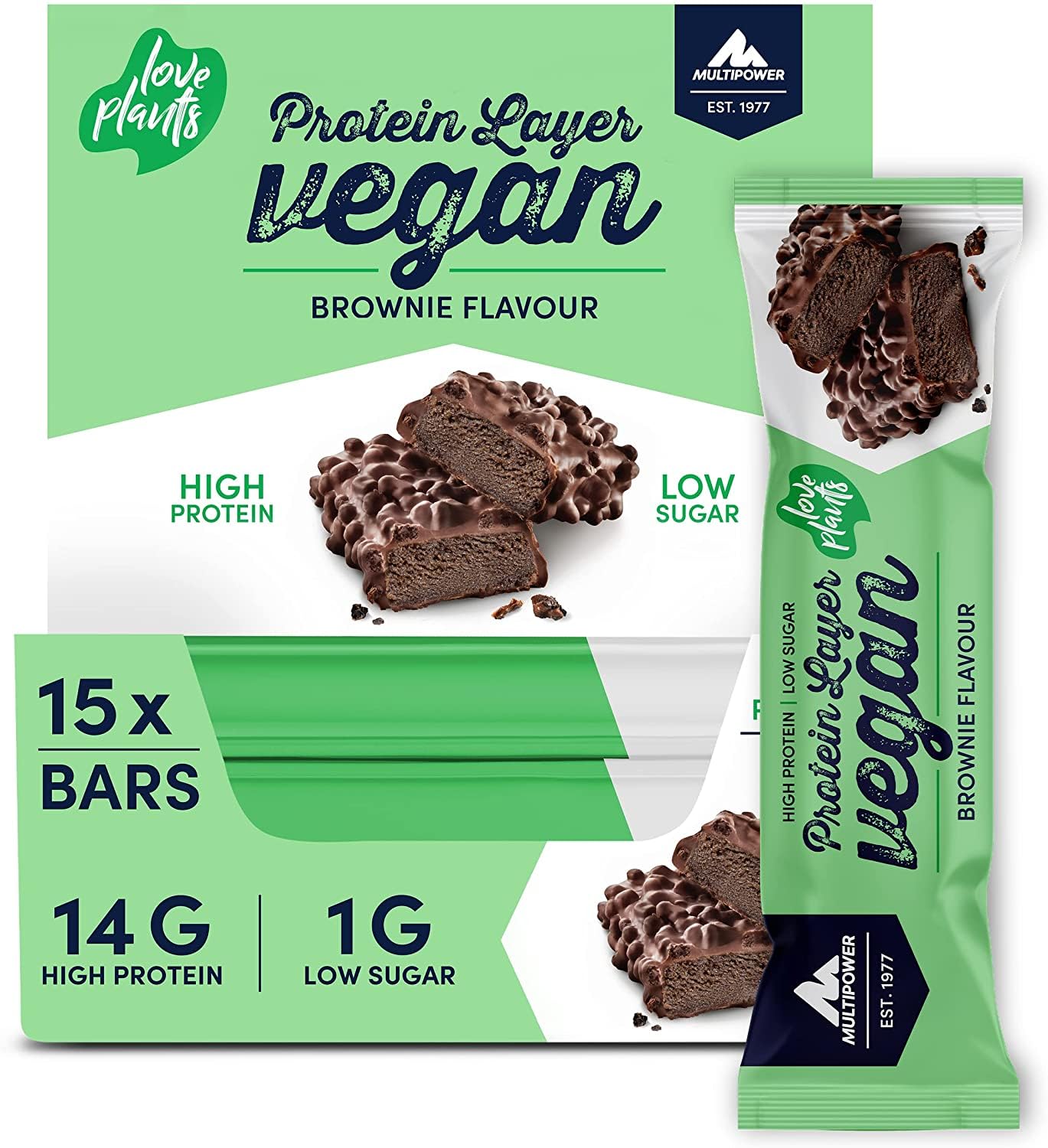 Multipower Vegan Protein Layer Brownie Bar Energieriegel mit 24 Prozent Protein – Fitnessriegel 15 x 55 g – Veganer Proteinriegel aus 3 pflanzlichen Proteinquellen mit Brownie Geschmack