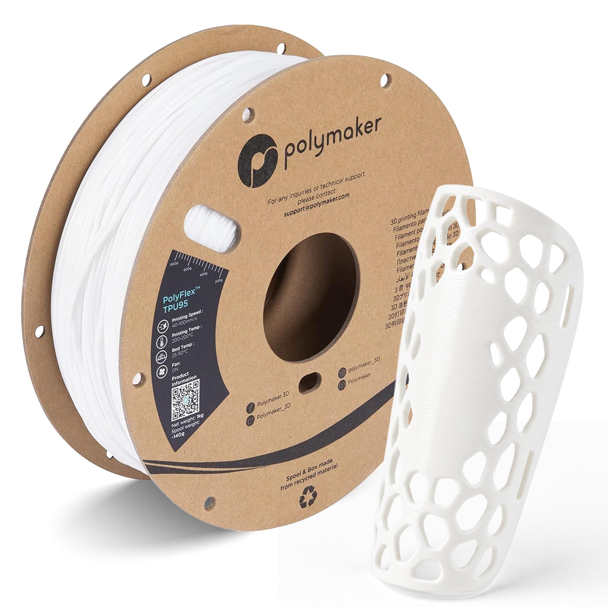 Polymaker TPU Filament 1.75mm White, 0.75kg Shore 95A Flexible 3D Printer Filament 1.75mm - PolyFlex TPU95 3D Printing TPU Filament 0.75kg White Soft Flexible Filament