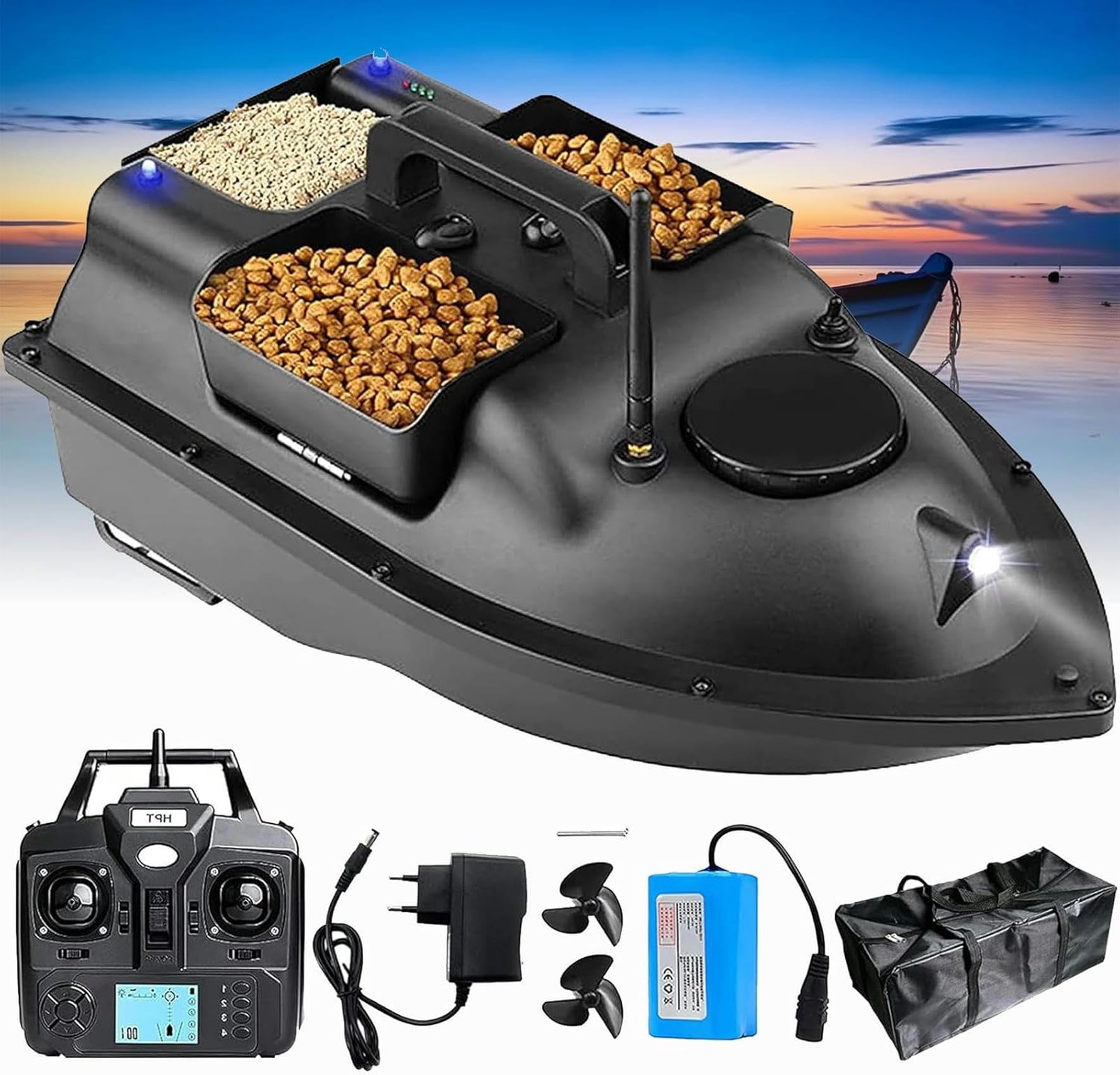 Bateau amorceur GPS contre le vent de face avec double moteur et 3 trémies