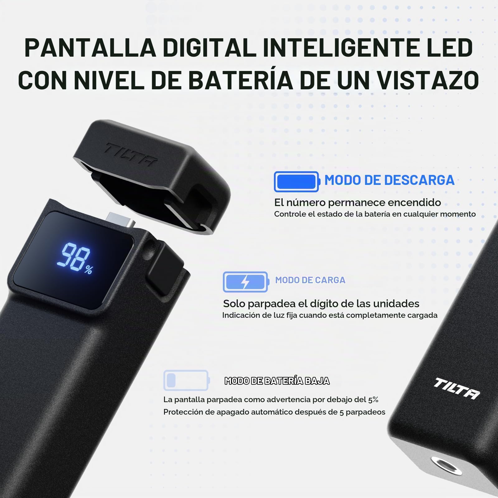 Tilta Mango de Carga para dji Osmo Pocket 4/3, Ligero y portátil, Batería Grande de 5000mAh, Carga USB-C, con Pantalla LCD, Rosca para trípode de 1/4" Diseño Antideslizante, TA-T96-PPB-B