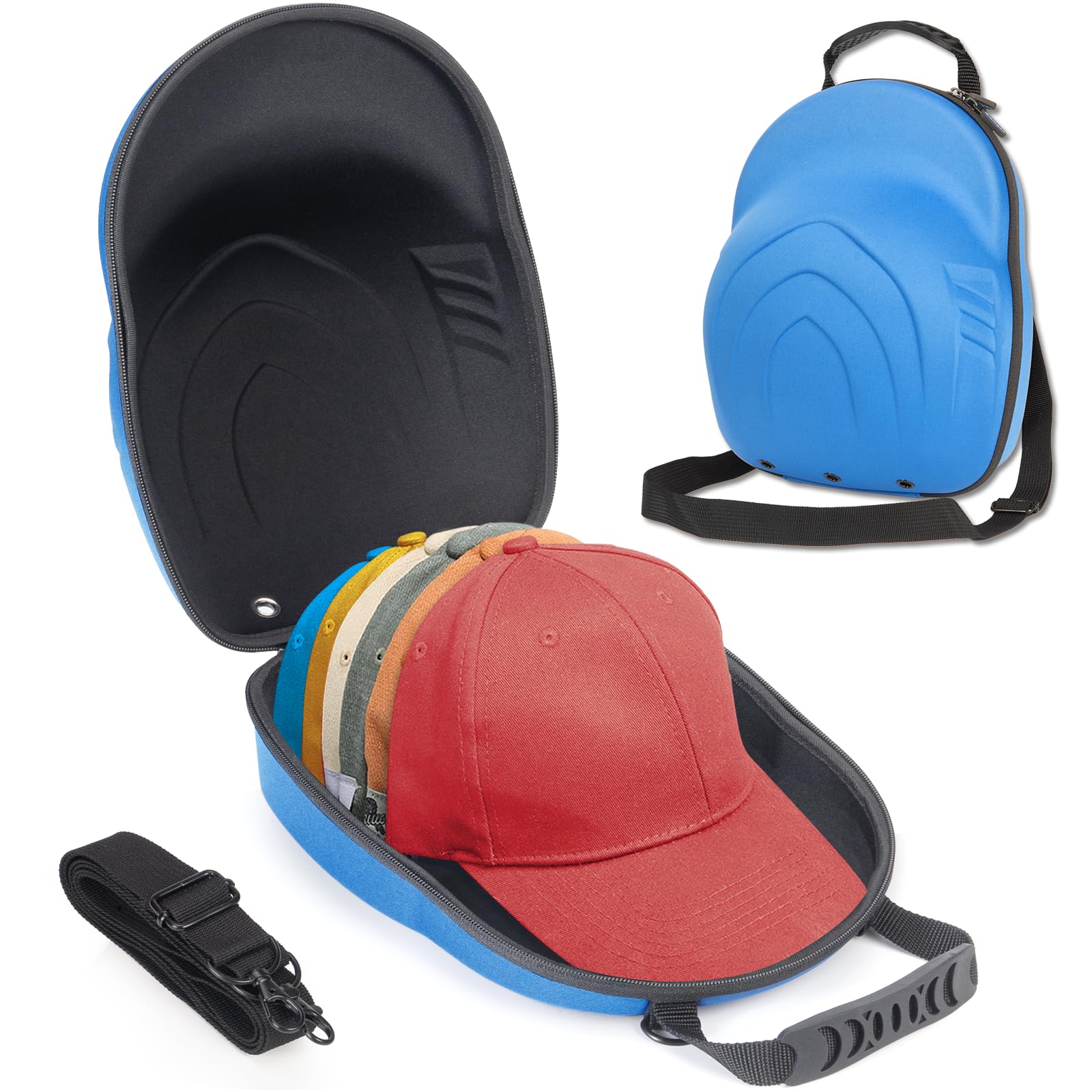 Glamgen Hard Hat Travel Case, Cap Storage for Baseball Caps with Adjustable Shoulder Strap and Carrying Handle, Hat Carrier Organizer Holder Bag up to 6 Hats for Women and Men Travel Home, Blue