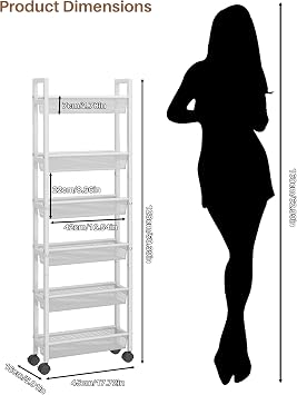6 Tier Slim Storage Cart,Mobile Shelving Organizer with Handle White 15cm