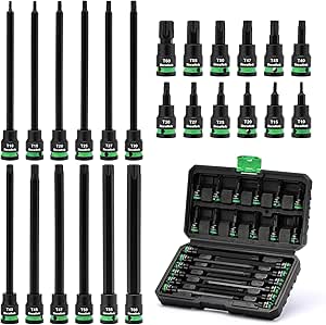TecoTek 3/8" Drive Extra Long and Standard Torx Bit Socket Set, S2 Alloy Steel Star Bit Sockets, 24PCS Torx Bit Set, T10-T60, 2" &amp; 6" Long