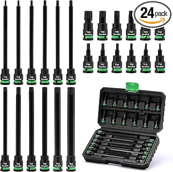 TecoTek 3/8" Drive Impact Torx Bit Socket Set, Extra Long Torx Socket, S2 Alloy Steel Star Bit Sockets, 24PCS Star Bit Set, T10-T60, 2in & 6in Long, CR-V & S2 Alloy Steel Set, Enhanced Storage Case